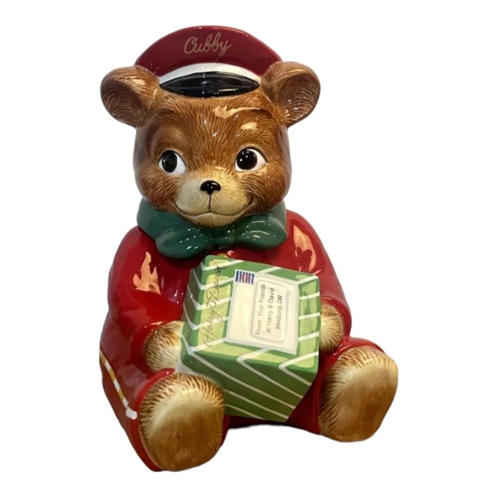 2010 LE CUBBY BEAR CHRISTMAS COOKIE JAR FROM HARRY & DAVID DELIVERY POSTMAN BEAR